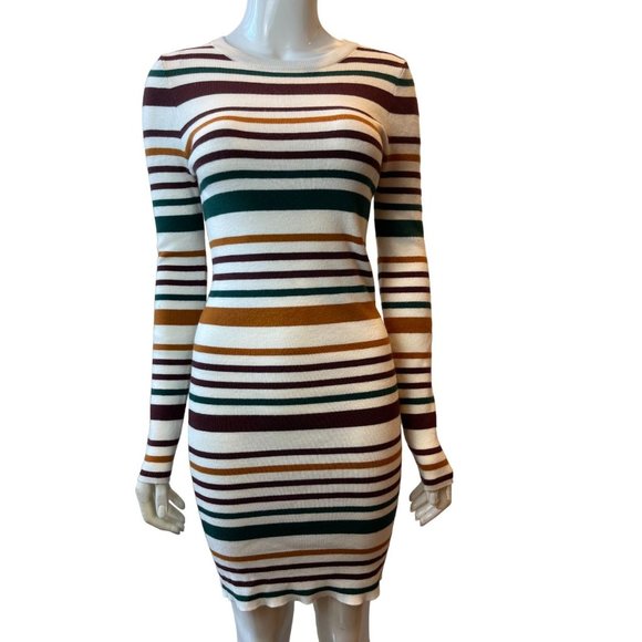 Forever 21 Womens Striped Sweater Dress Long Sleeve Crew Neck White Brown Size L - Picture 3 of 9